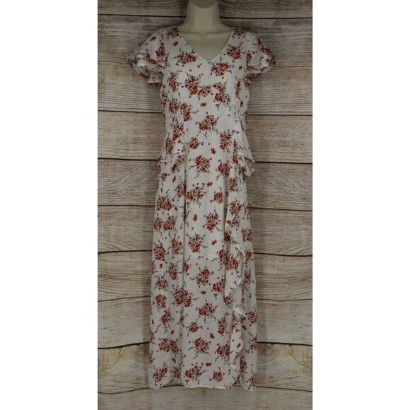 Very J Womens Size Medium Large Floral Midi Cap Sleeve Dress White Pink - Picture 1 of 6